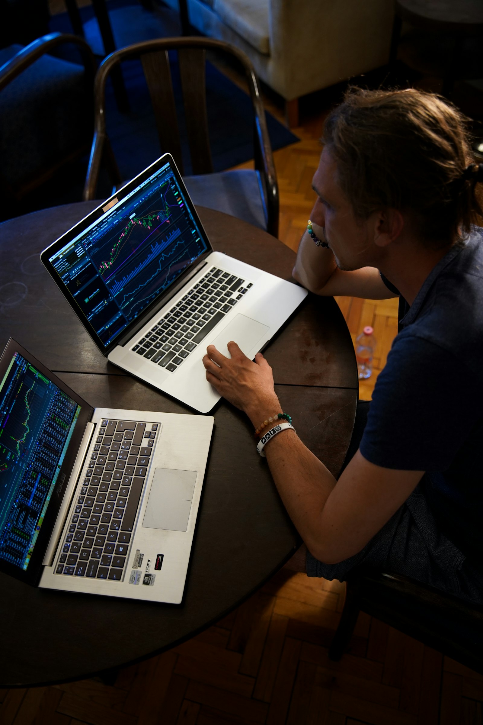 An analyst working through charts at a workstation